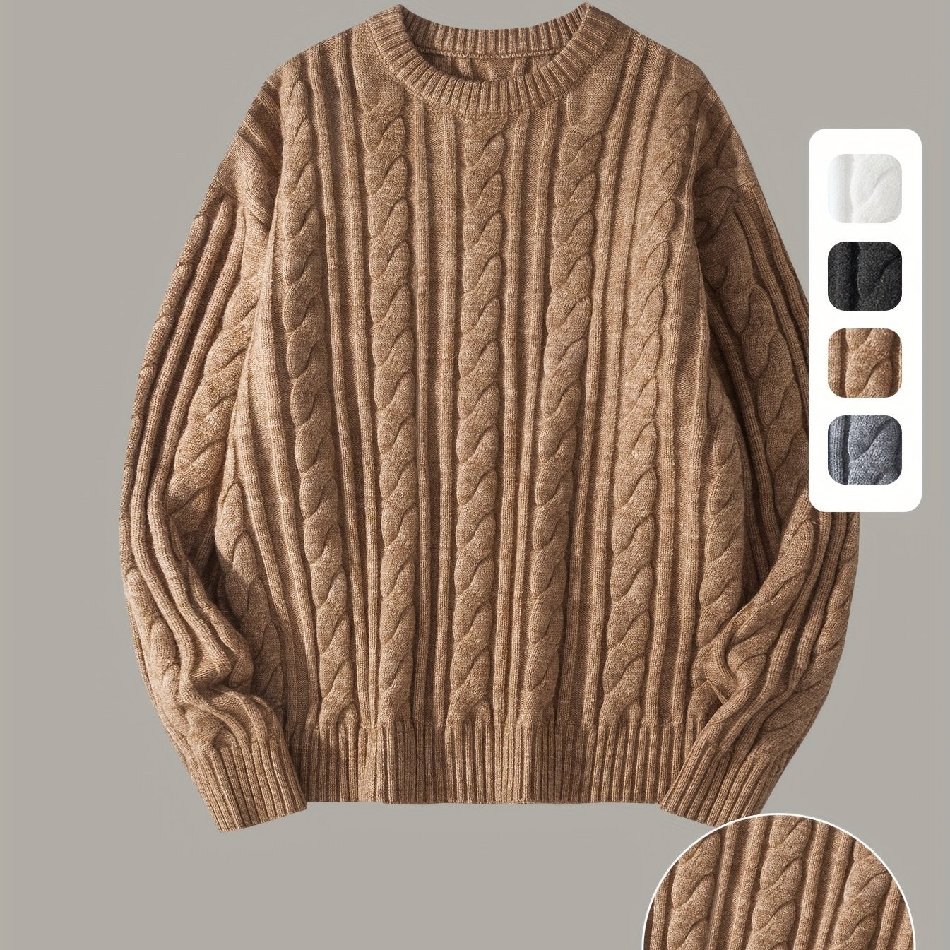Hyggelig strikket sweater til mænd og kvinder – Blød, varm med kabelstrik, rund hals, asymmetrisk kant, lange ærmer og ribkanter – Perfekt til efterår/vinter, afslappet og stilfuld, beige, sweatertilbehør