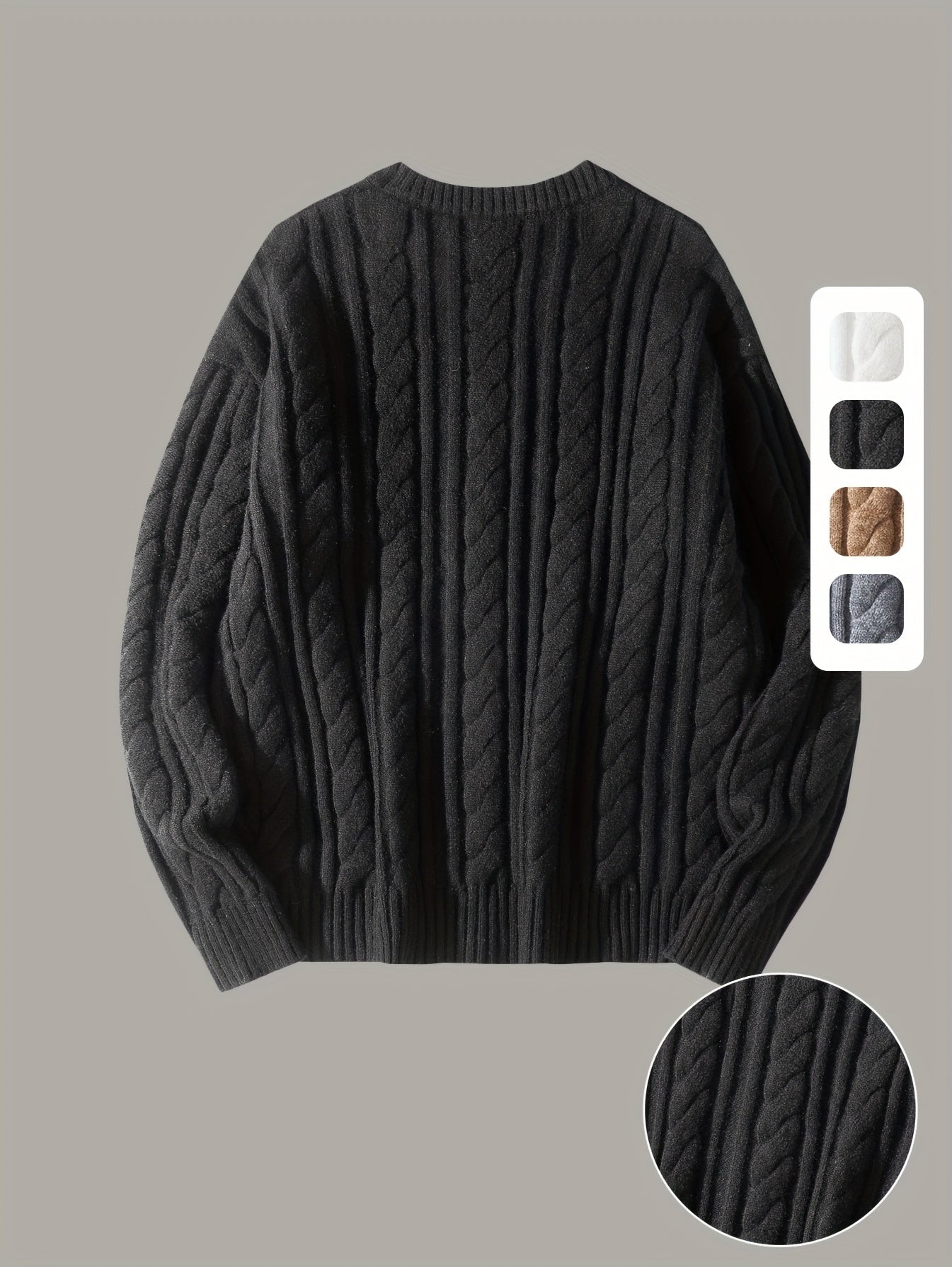 Hyggelig strikket sweater til mænd og kvinder – Blød, varm med kabelstrik, rund hals, asymmetrisk kant, lange ærmer og ribkanter – Perfekt til efterår/vinter, afslappet og stilfuld, beige, sweatertilbehør