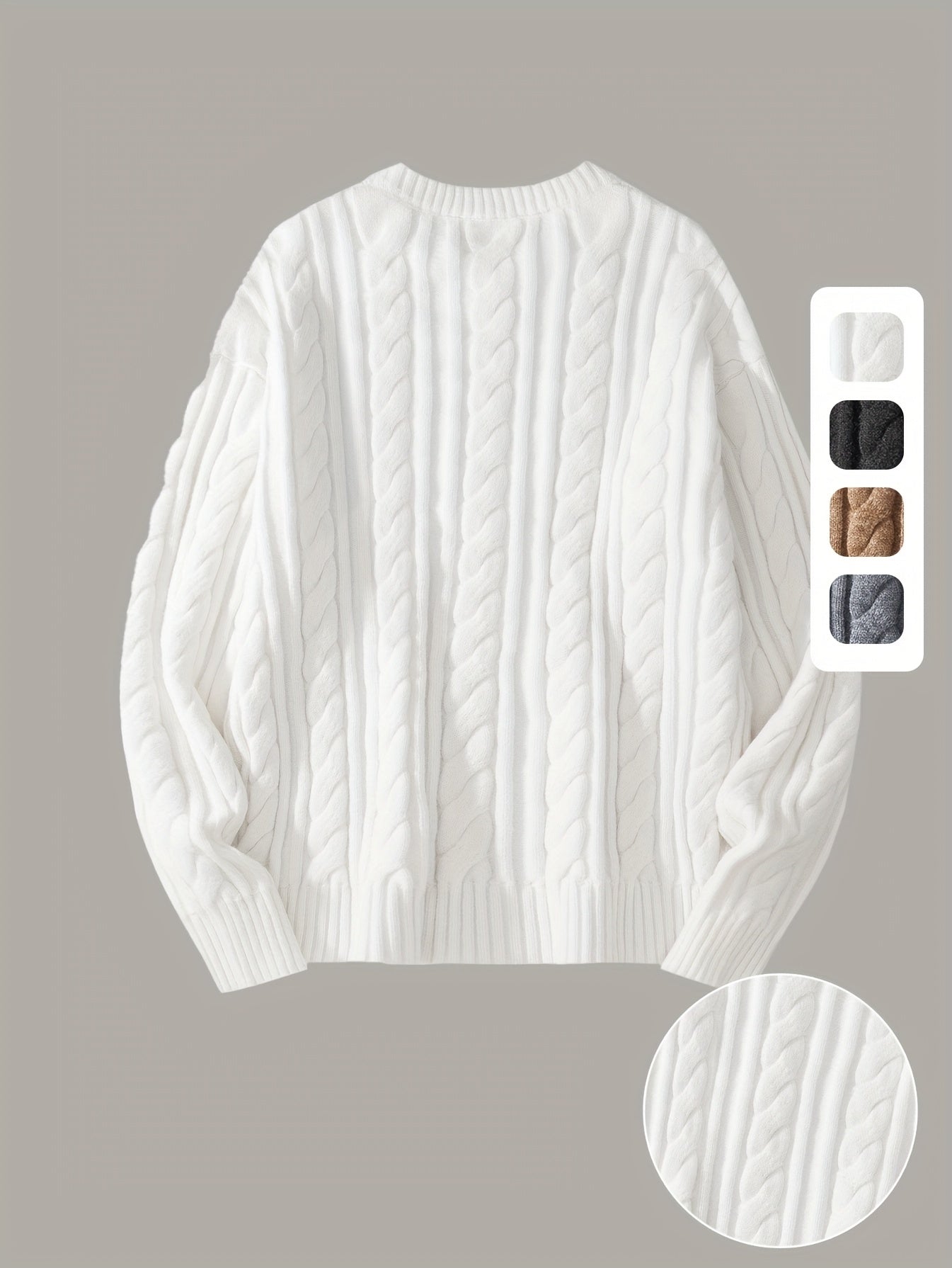Hyggelig strikket sweater til mænd og kvinder – Blød, varm med kabelstrik, rund hals, asymmetrisk kant, lange ærmer og ribkanter – Perfekt til efterår/vinter, afslappet og stilfuld, beige, sweatertilbehør