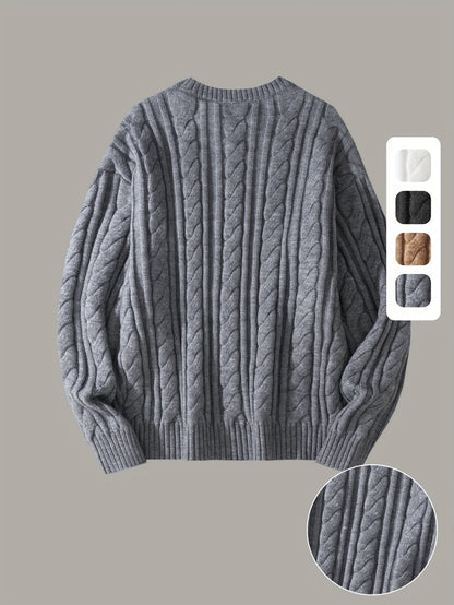 Gezellige Gebreide Trui voor Mannen & Vrouwen - Zacht, Warm met Kabelpatroon, Ronde Hals, Asymmetrische Zoom, Lange Mouwen en Geribbelde Manchetten - Perfect voor Herfst/Winter, Casual & Stijlvol, Beige, Trui Accessoires