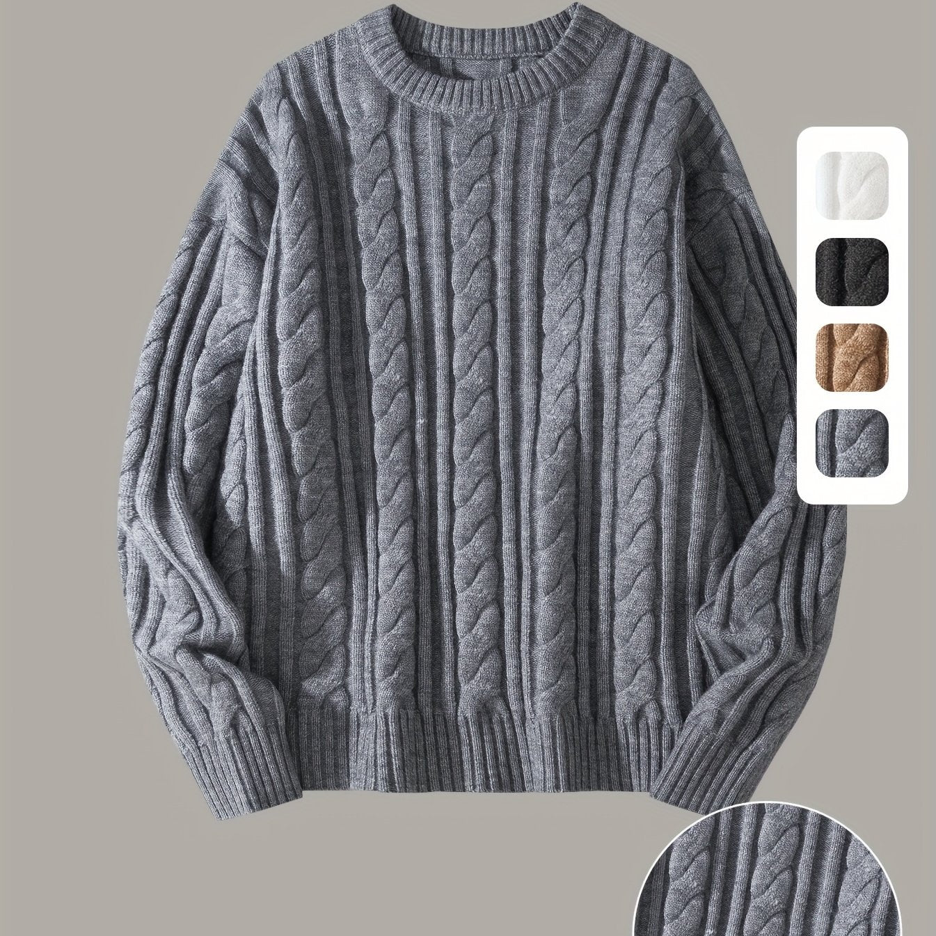 Gezellige Gebreide Trui voor Mannen & Vrouwen - Zacht, Warm met Kabelpatroon, Ronde Hals, Asymmetrische Zoom, Lange Mouwen en Geribbelde Manchetten - Perfect voor Herfst/Winter, Casual & Stijlvol, Beige, Trui Accessoires