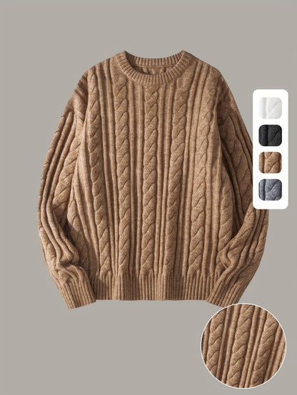 Gezellige Gebreide Trui voor Mannen & Vrouwen - Zacht, Warm met Kabelpatroon, Ronde Hals, Asymmetrische Zoom, Lange Mouwen en Geribbelde Manchetten - Perfect voor Herfst/Winter, Casual & Stijlvol, Beige, Trui Accessoires