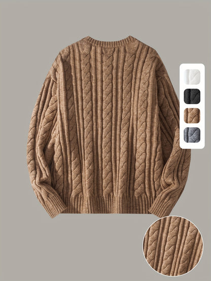 Gezellige Gebreide Trui voor Mannen & Vrouwen - Zacht, Warm met Kabelpatroon, Ronde Hals, Asymmetrische Zoom, Lange Mouwen en Geribbelde Manchetten - Perfect voor Herfst/Winter, Casual & Stijlvol, Beige, Trui Accessoires