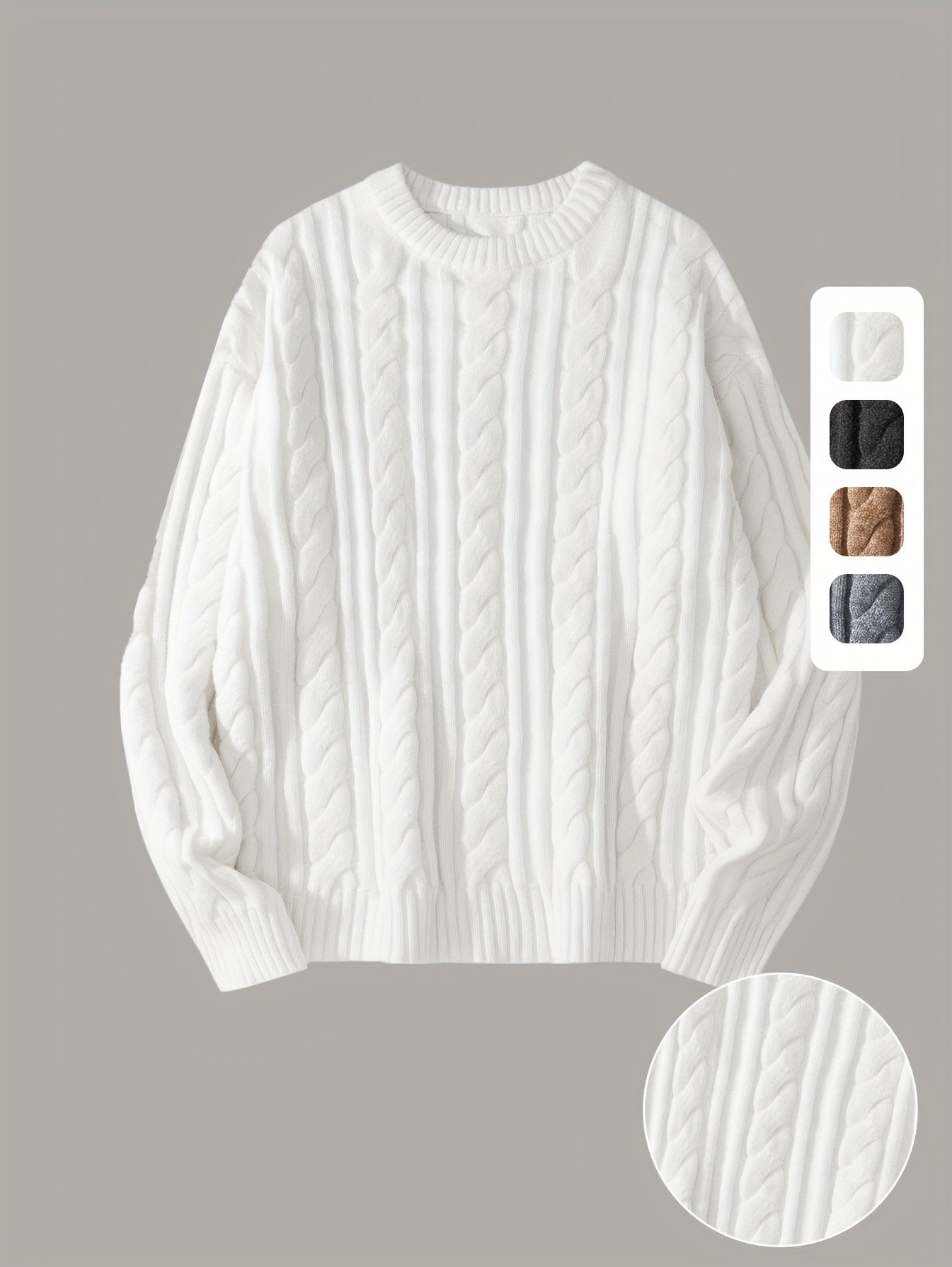 Gezellige Gebreide Trui voor Mannen & Vrouwen - Zacht, Warm met Kabelpatroon, Ronde Hals, Asymmetrische Zoom, Lange Mouwen en Geribbelde Manchetten - Perfect voor Herfst/Winter, Casual & Stijlvol, Beige, Trui Accessoires