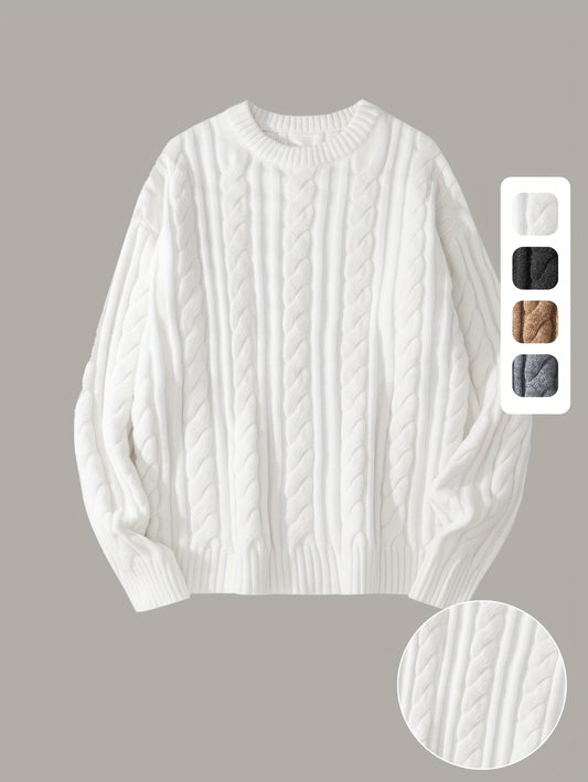 Gezellige Gebreide Trui voor Mannen & Vrouwen - Zacht, Warm met Kabelpatroon, Ronde Hals, Asymmetrische Zoom, Lange Mouwen en Geribbelde Manchetten - Perfect voor Herfst/Winter, Casual & Stijlvol, Beige, Trui Accessoires