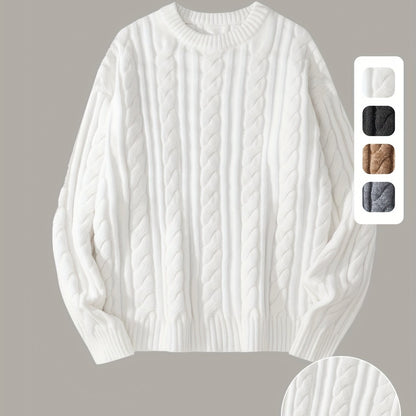 Gezellige Gebreide Trui voor Mannen & Vrouwen - Zacht, Warm met Kabelpatroon, Ronde Hals, Asymmetrische Zoom, Lange Mouwen en Geribbelde Manchetten - Perfect voor Herfst/Winter, Casual & Stijlvol, Beige, Trui Accessoires