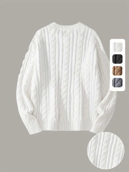 Gezellige Gebreide Trui voor Mannen & Vrouwen - Zacht, Warm met Kabelpatroon, Ronde Hals, Asymmetrische Zoom, Lange Mouwen en Geribbelde Manchetten - Perfect voor Herfst/Winter, Casual & Stijlvol, Beige, Trui Accessoires