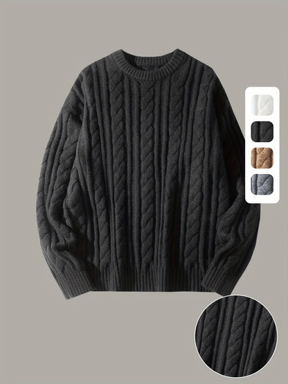 Gezellige Gebreide Trui voor Mannen & Vrouwen - Zacht, Warm met Kabelpatroon, Ronde Hals, Asymmetrische Zoom, Lange Mouwen en Geribbelde Manchetten - Perfect voor Herfst/Winter, Casual & Stijlvol, Beige, Trui Accessoires
