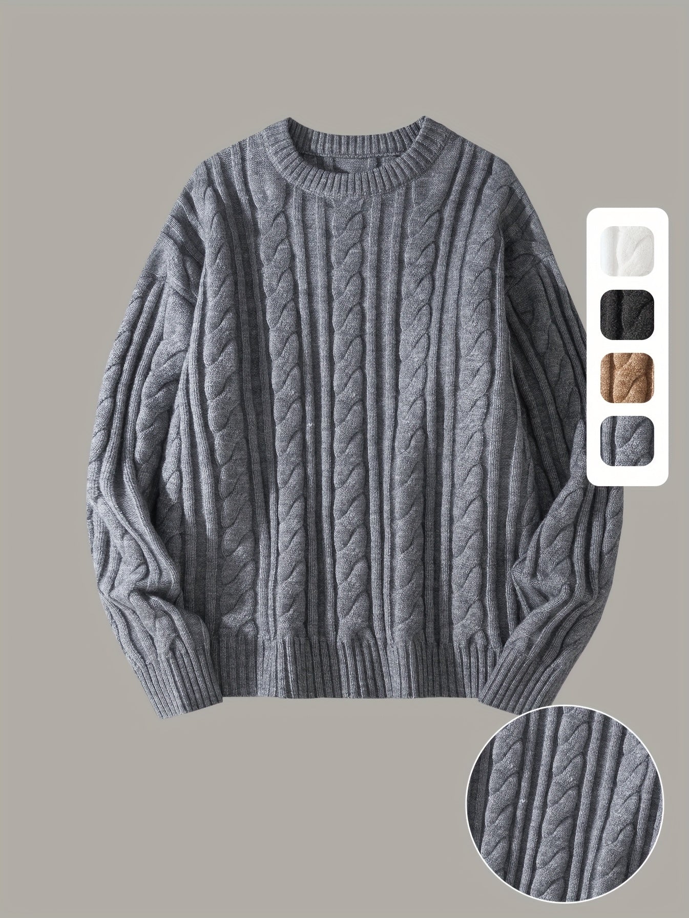 Gezellige Gebreide Trui voor Mannen & Vrouwen - Zacht, Warm met Kabelpatroon, Ronde Hals, Asymmetrische Zoom, Lange Mouwen en Geribbelde Manchetten - Perfect voor Herfst/Winter, Casual & Stijlvol, Beige, Trui Accessoires