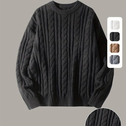 Gezellige Gebreide Trui voor Mannen & Vrouwen - Zacht, Warm met Kabelpatroon, Ronde Hals, Asymmetrische Zoom, Lange Mouwen en Geribbelde Manchetten - Perfect voor Herfst/Winter, Casual & Stijlvol, Beige, Trui Accessoires